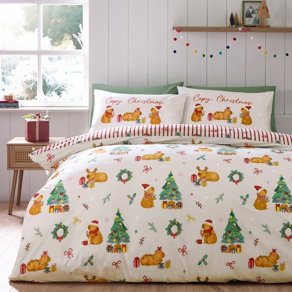 Set copripiumino e federa di colore naturale per letto singolo 135x200 cm Capy Christmas – Catherine Lansfield