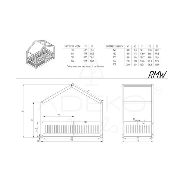 Letto per bambini in legno di pino di colore naturale 120x200 cm Mila RMW - Adeko-image-3