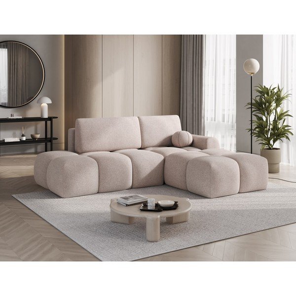 Divano angolare marrone chiaro allungabile/con contenitore (con penisola a destra/con chaise lounge) con rivestimento in bouclé Vittario – ELTAP-image-4