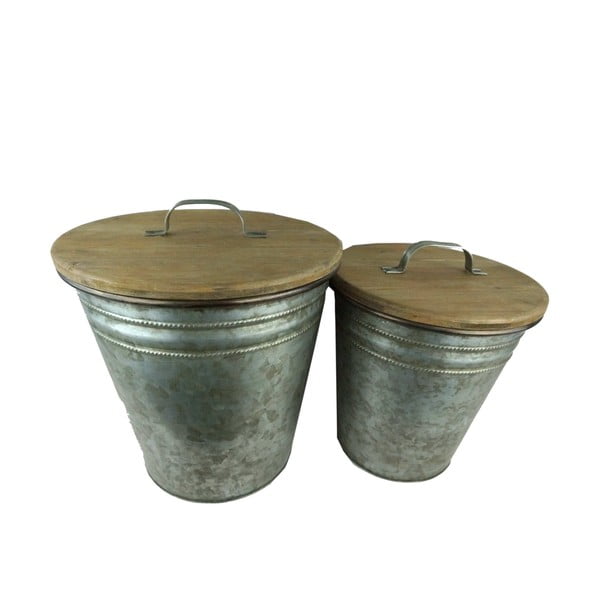 Set di 2 cestini in metallo con coperchio in legno di abete di Poubelles - Antic Line