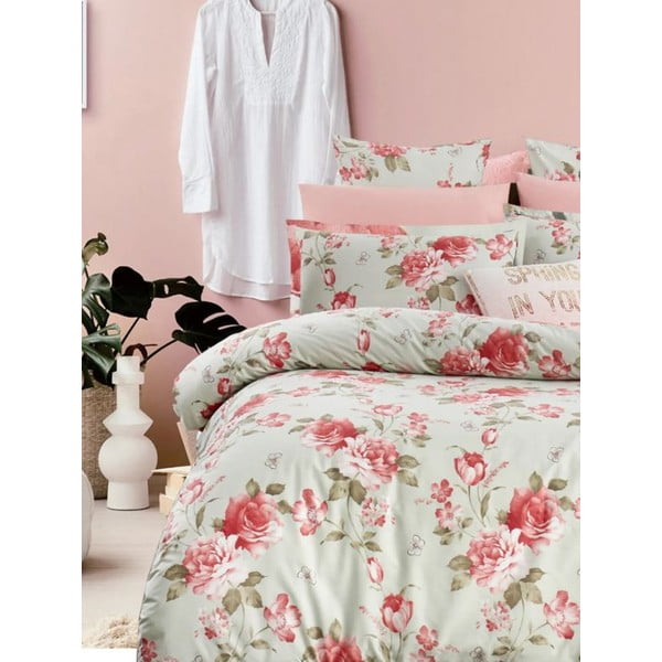 Biancheria da letto verde/rosa in cotone renforcé per letto matrimoniale/per letto esteso con lenzuolo incluso/4 pezzi 200x220 cm – Mila Home-image-1