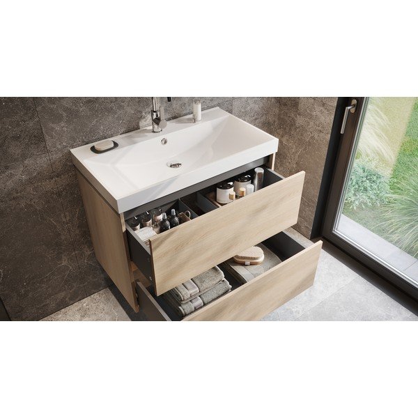 Mobile da lavabo di colore naturale con effetto rovere da appendere 81x65 cm Bodera – Germania-image-1