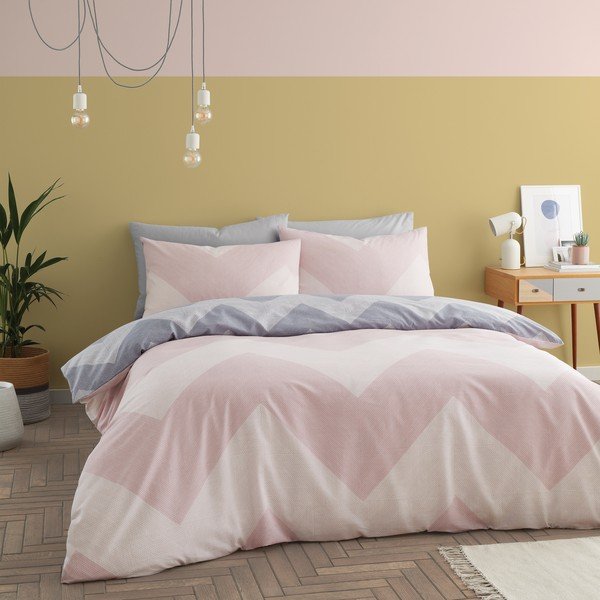 Biancheria da letto rosa-grigio 200x200 cm Chevron Geo - Catherine Lansfield-image-1