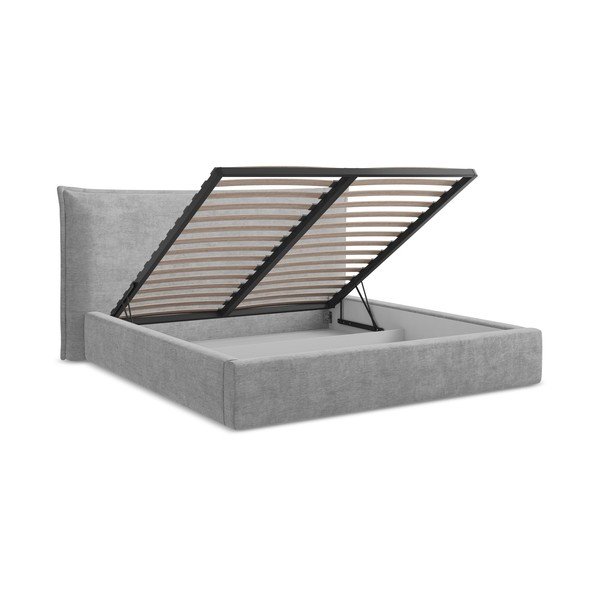 Letto matrimoniale imbottito grigio chiaro con contenitore con rete inclusa 180x200 cm Esala – Makamii-image-3