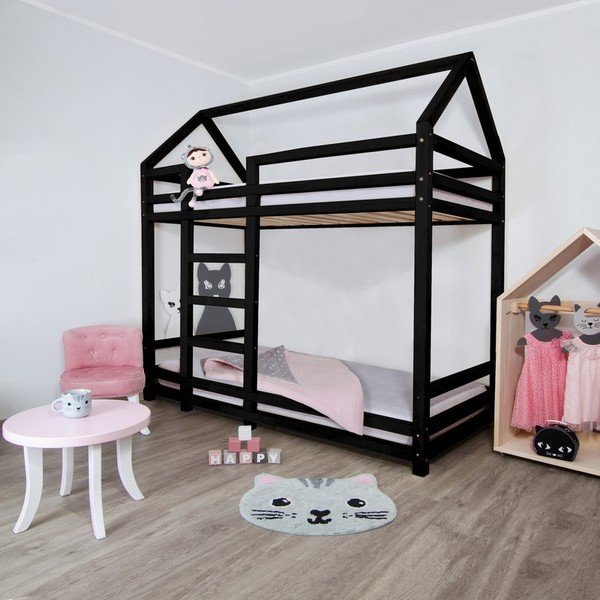 Letto a castello in abete nero con scala a sinistra Twiny, 90 x 200 cm - Benlemi