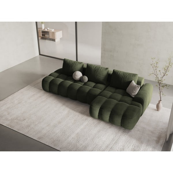 Divano angolare verde allungabile/con contenitore (con penisola a destra/con chaise lounge) con rivestimento in velluto Linz – Cosmopolitan Design-image-1