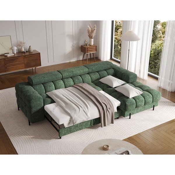 Divano angolare verde allungabile/con contenitore (con penisola a destra/con chaise lounge) con rivestimento in bouclé Felro – ELTAP-image-4