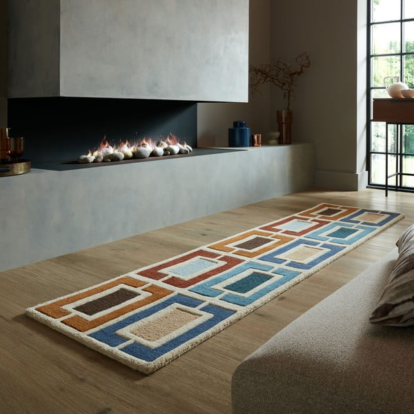 Passatoia in lana blu-arancio tessuta a mano 60x230 cm Retro Blocks - Flair Rugs-image-1