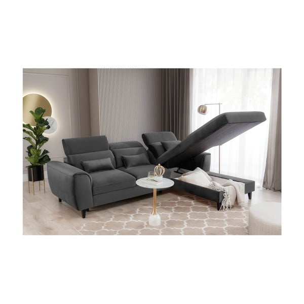 Divano angolare grigio scuro allungabile/con contenitore (con penisola a destra/con chaise lounge) e rivestimento in velluto Foble – ELTAP-image-4