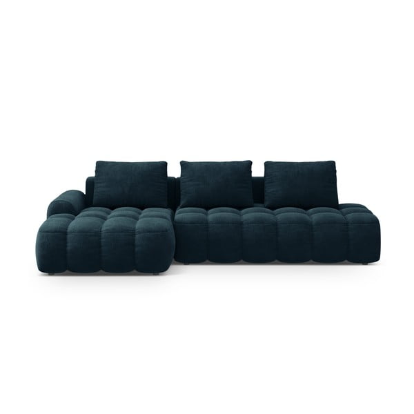 Divano angolare color petrolio allungabile/con contenitore (con penisola a sinistra/con chaise lounge) con rivestimento in velluto Linz – Cosmopolitan Design