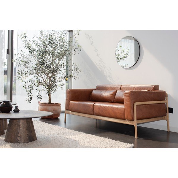 Divano in pelle di bufalo marrone cognac con struttura in rovere massiccio, 210 cm Fawn - Gazzda-image-3
