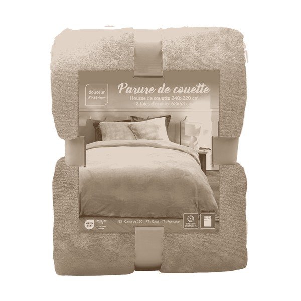 Set copripiumino e federa beige in microflanella per letto matrimoniale/per letto esteso 3 pezzi 240x220 cm Flanou – douceur d'intérieur-image-3