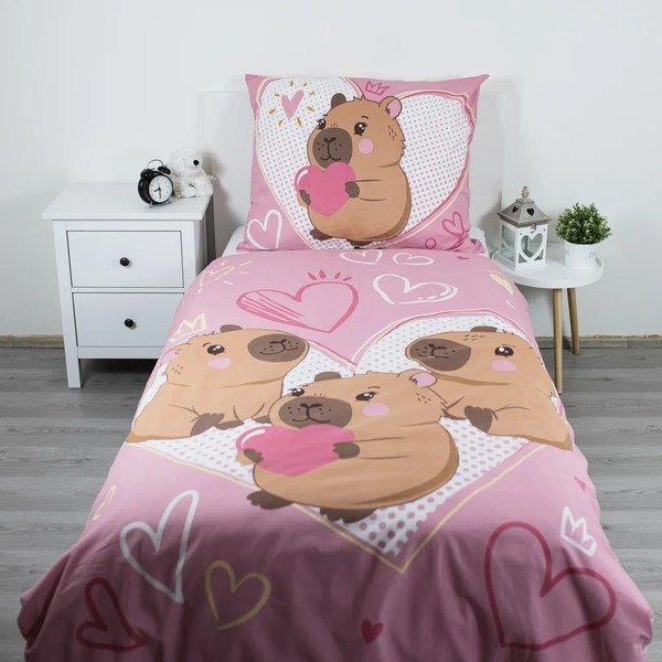Set copripiumino e federa da bambini rosa in cotone per letto singolo 140x200 cm Kapybara Heart – Jerry Fabrics-image-1