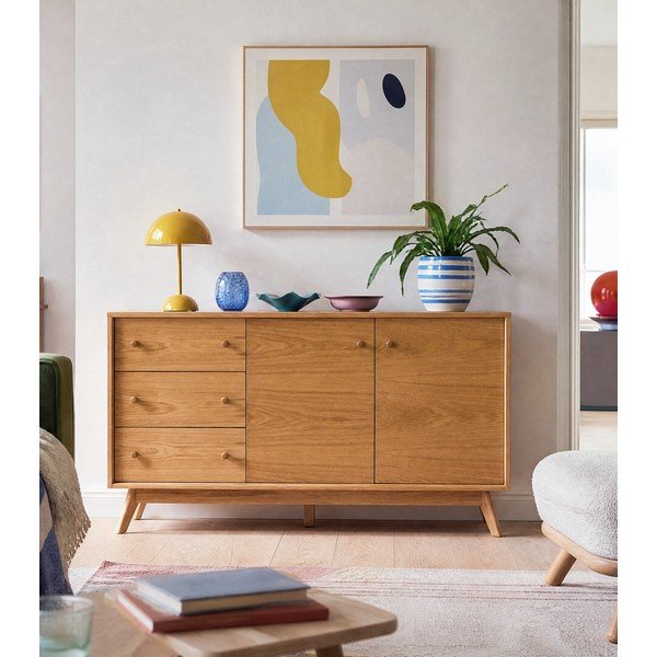 Cassettiera di colore naturale con effetto rovere 149x75x40 cm Kensal – Woodman-image-1