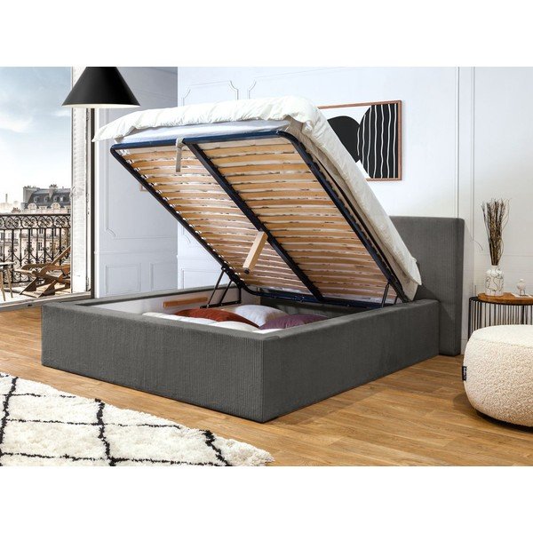 Letto matrimoniale imbottito grigio scuro con contenitore con griglia 160x200 cm Nihad - Bobochic Paris-image-3