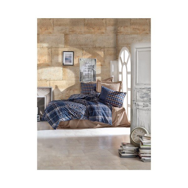 Biancheria da letto in cotone blu con lenzuolo per letto singolo Quadrato, 140 x 200 cm - Mijolnir