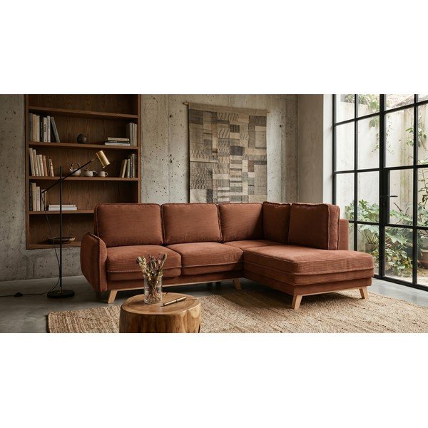 Divano angolare arancione allungabile con rivestimento in velluto a coste Tori – Bonami Selection-image-1