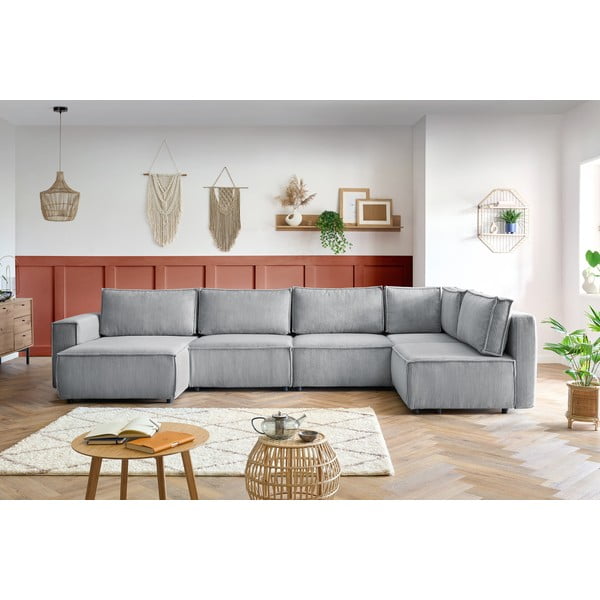 Divano angolare a U in velluto a coste grigio chiaro, angolo destro Nihad modular - Bobochic Paris-image-1