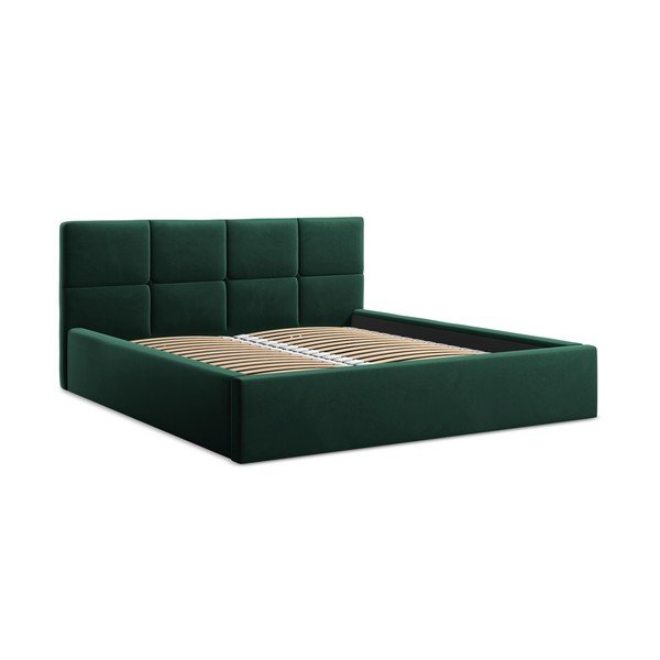 Letto matrimoniale imbottito verde scuro in velluto con contenitore con rete inclusa 140x200 cm Hiko – Makamii