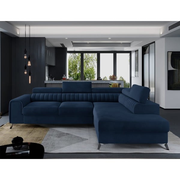 Divano angolare blu allungabile/con contenitore (con penisola a destra/a L) e rivestimento in velluto Laurence – ELTAP-image-1