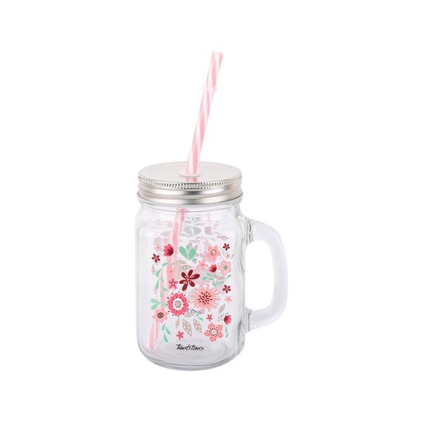 Skleněná mason jar s brčkem Tantitoni Blossom, 475 ml