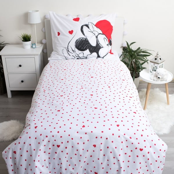 Set copripiumino e federa da bambini rosso/bianco in cotone per letto singolo 140x200 cm Mickey and Minnie "Love" – Jerry Fabrics-image-2