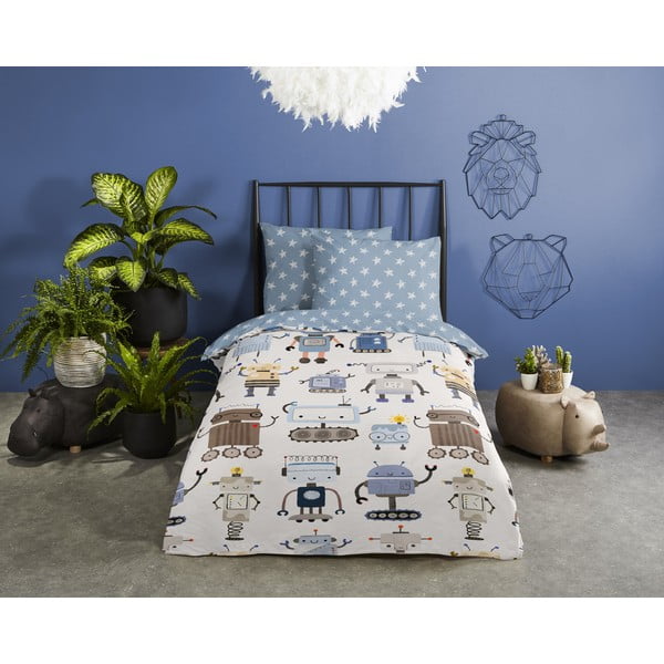 Set copripiumino e federa da bambini blu/beige in cotone per letto singolo 140x200 cm Robo – Good Morning-image-1