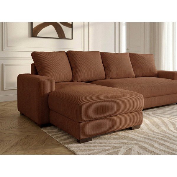 Divano angolare arancione allungabile/con contenitore (con penisola a sinistra/con chaise lounge) con rivestimento in velluto a coste Campi – Bobochic Paris-image-4