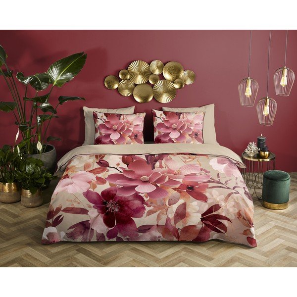 Set copripiumino e federa rosa/beige in raso di cotone per letto singolo ed esteso 140x220 cm Chaja – Descanso-image-1
