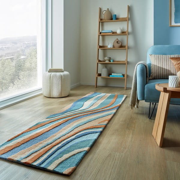 Passatoia blu in lana tessuta a mano 60x230 cm Abstract Flow - Flair Rugs-image-1