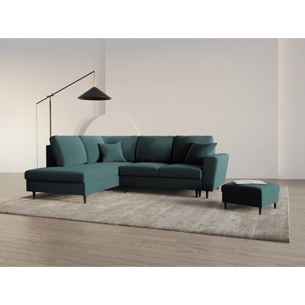 Divano angolare color petrolio allungabile e con contenitore (con penisola a sinistra/a L) con rivestimento in velluto Kyoto – Cosmopolitan Design-image-2