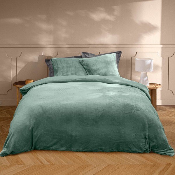 Set copripiumino e federa verde in microflanella per letto matrimoniale/per letto esteso 3 pezzi 240x220 cm Flanou – douceur d'intérieur-image-1