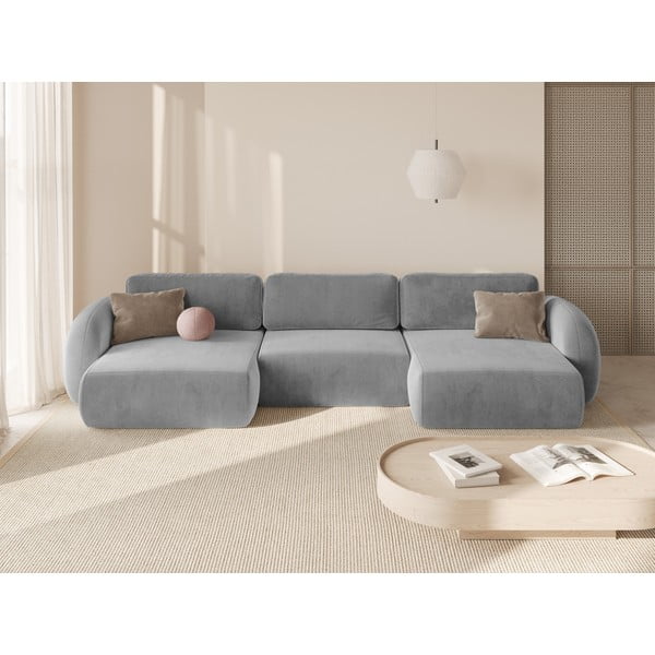 Divano angolare grigio chiaro allungabile/con contenitore (a U) con rivestimento in velluto Tonale – Cosmopolitan Design-image-1