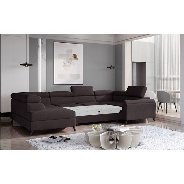 Divano angolare marrone scuro allungabile/con contenitore (con penisola a sinistra/a U) e rivestimento in velluto Escada – ELTAP-image-2