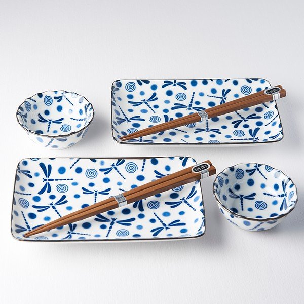 Set da 6 pezzi di piatti da sushi in ceramica bianca e blu Blue Dragonfly - MIJ-image-1