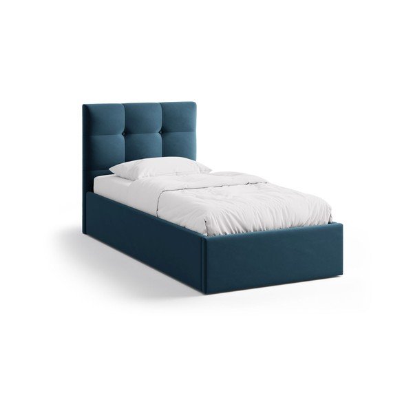 Letto singolo imbottito blu con contenitore con rete inclusa 90x200 cm Phaedra – Micadoni 