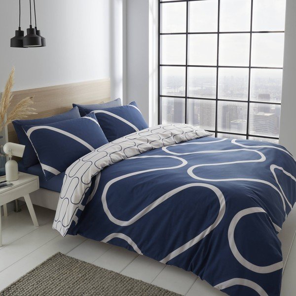 Biancheria da letto bianca e blu 200x135 cm Linear Curve - Catherine Lansfield-image-1