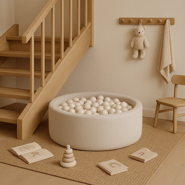 Piscina di palline color crema in velluto a coste ø 90x30 cm Montessori – Meowbaby-image-2