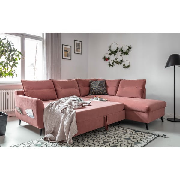 Divano letto angolare in velluto rosa L, angolo destro Stylish Stan - Miuform-image-4