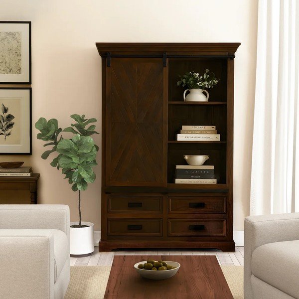 Libreria marrone in mango massiccio con porte scorrevoli 110x160x40 cm Don Barn – Støraa-image-4