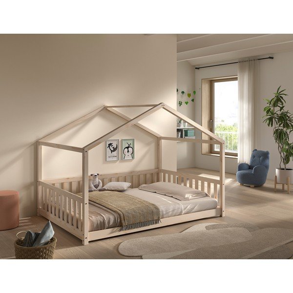 Letto da bambini a forma di casa di colore naturale in pino massiccio con rete inclusa 140x200 cm Dallas – Vipack-image-3