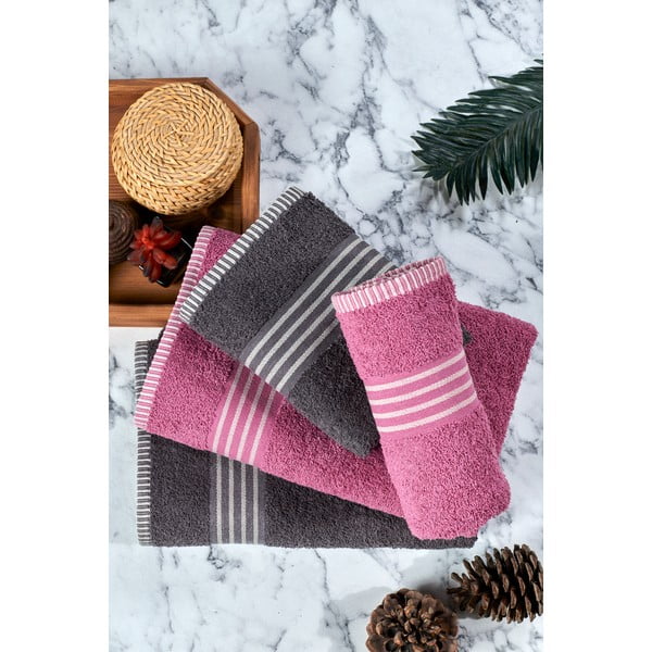 Set di asciugamani per viso e corpo rosa e color antracite in cotone 4 pz – Mila Home-image-4