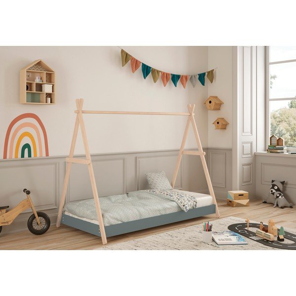 Letto da bambini a forma di casa di colore naturale/verde polveroso in pino massiccio con rete inclusa 90x200 cm Trufa – Marckeric-image-1