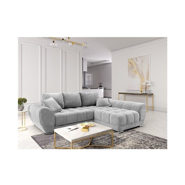 Divano letto angolare grigio chiaro con rivestimento in velluto, angolo destro Nuage - Windsor & Co Sofas-image-1