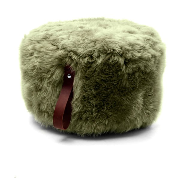 Pouf in pelle di pecora verde oliva con passante marrone, Ø 60 cm - Royal Dream