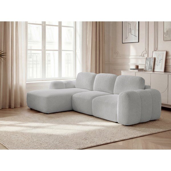 Divano angolare grigio chiaro allungabile/con contenitore (con penisola a sinistra/con chaise lounge) con rivestimento in bouclé Montaigne – Bobochic Paris-image-1