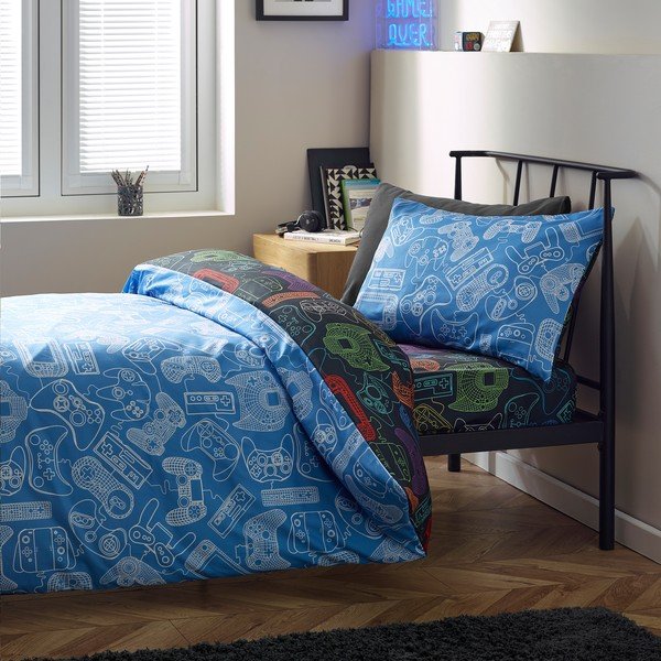 Set copripiumino e federa da bambini nero per letto singolo 135x200 cm Power Up Gamer – Catherine Lansfield-image-2