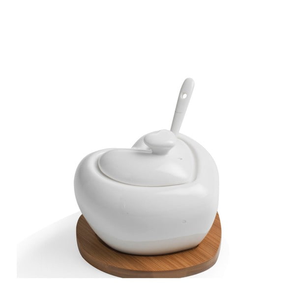 Zuccheriera in porcellana con cucchiaio e sottobicchiere in bambù Cuore - Brandani-image-3