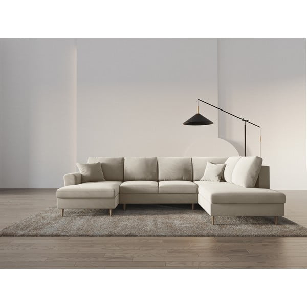 Divano angolare beige allungabile e con contenitore (con penisola a destra/a U) con rivestimento in velluto Kyoto – Cosmopolitan Design-image-2