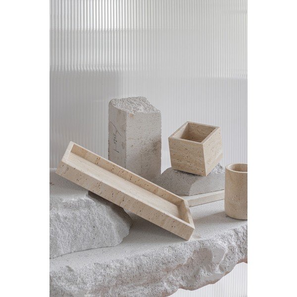 Organizer da bagno beige in pietra per dischetti di cotone Travertine – Mette Ditmer Denmark-image-1